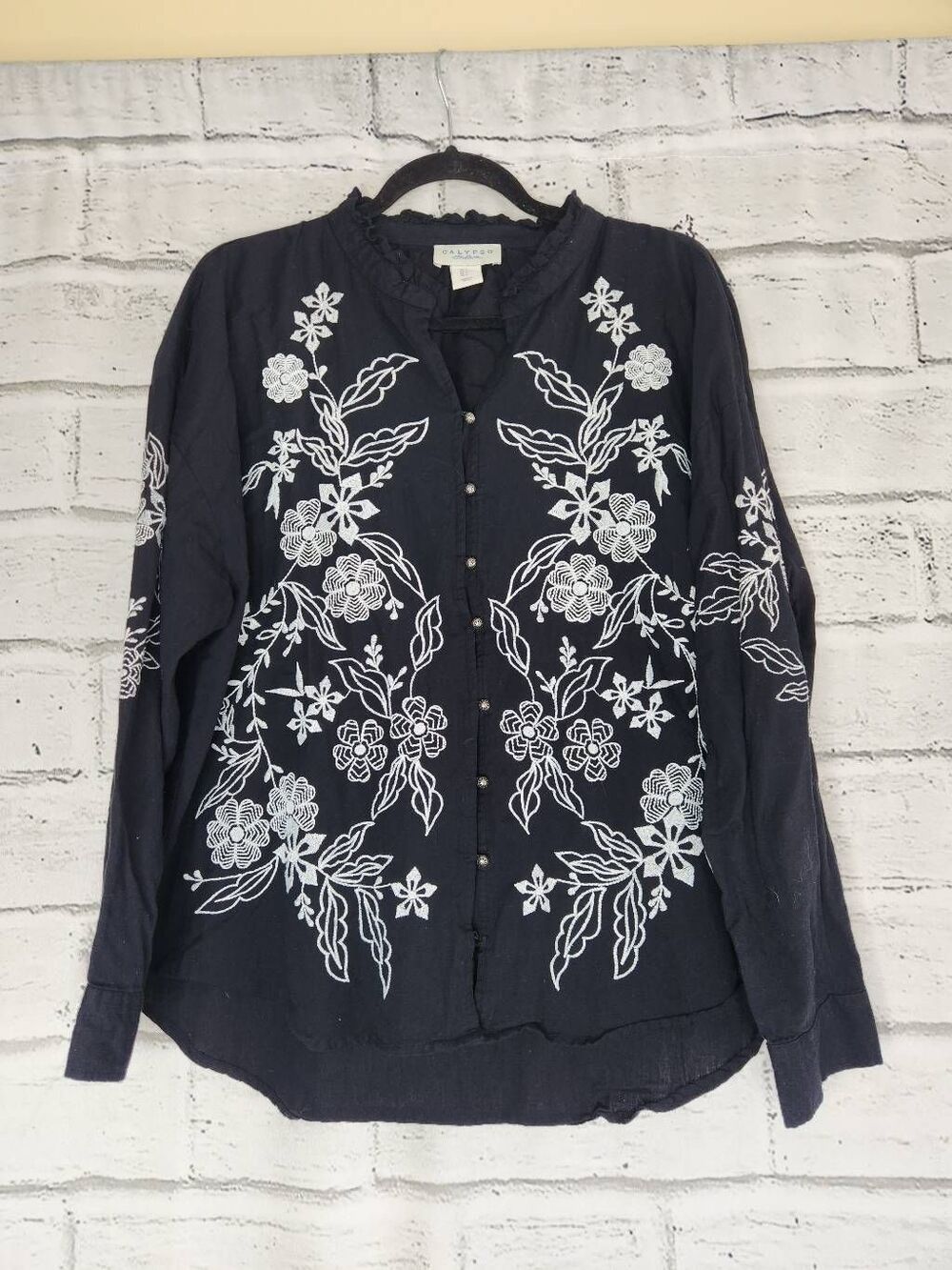 Calypso St. Barth Linen Embroidered Long Sleeve Button Up Blouse Large